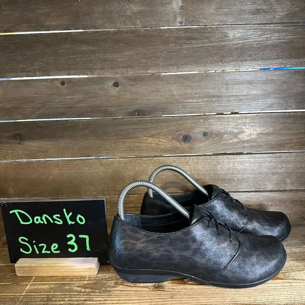 Womens Dansko Olive Leopard Print Black Leather Comfort Oxfords Shoes Size EU 37